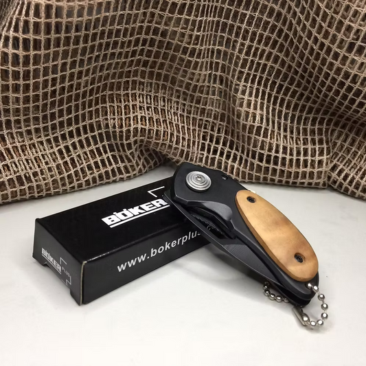 Böker Plus Mini Folding Knife with Black Blade & Tan Wood Handle