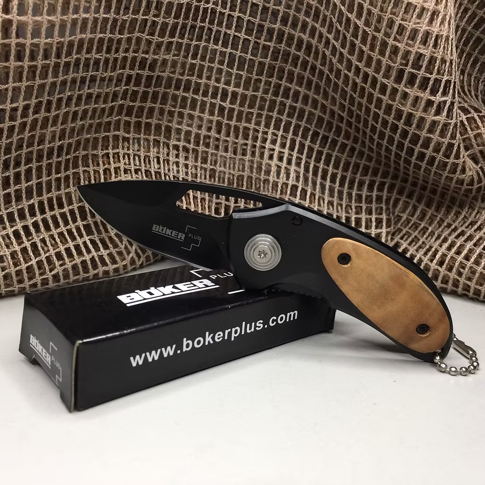 Böker Plus Mini Folding Knife with Black Blade & Tan Wood Handle