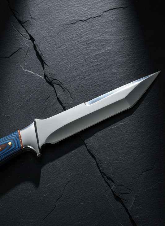 Handcrafted Hunting Knife with Blue Resin Handle and Leather Sheath