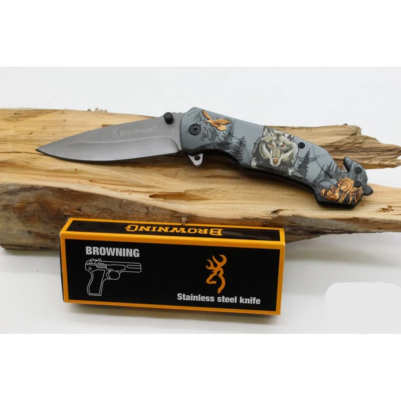 Browning Wildlife Folding Knife with Wolf & Bear Art Handle
