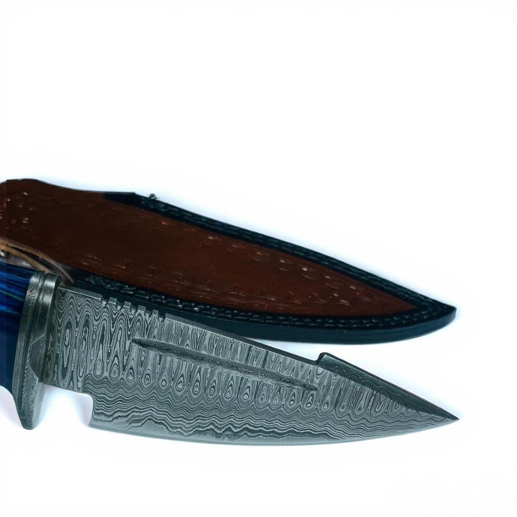 Premium Damascus Steel Fixed Blade Knife – Blue Pakkawood Handle with Lanyard Hole