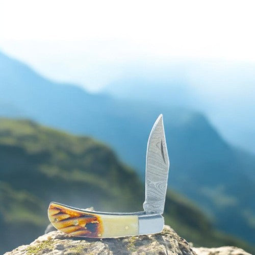 Custom Handmade Damascus Steel Folding Knife with Genuine Bone Handle**