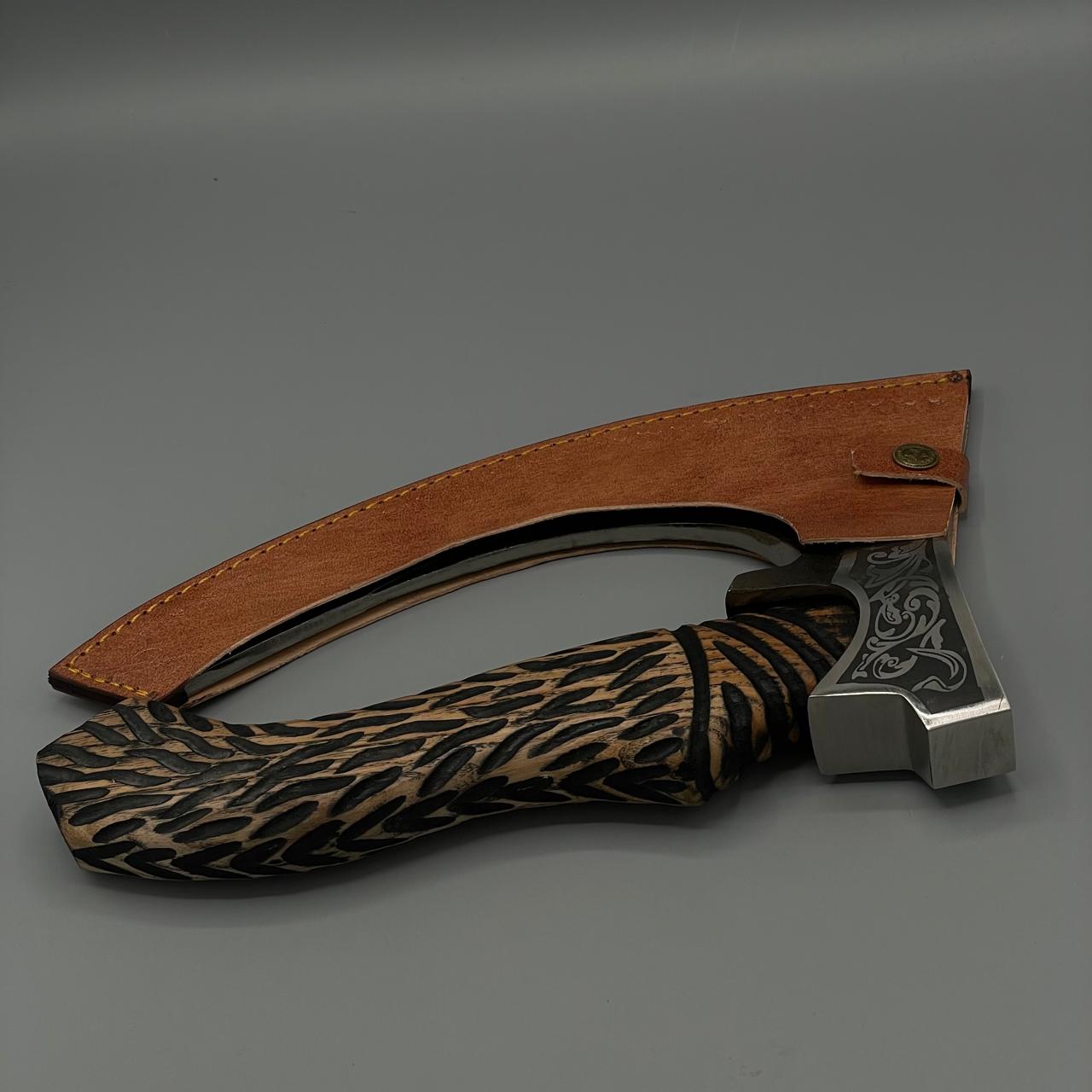 Viking Style Decorative Axe with Tiger Stripe Handle and Intricate Engravings