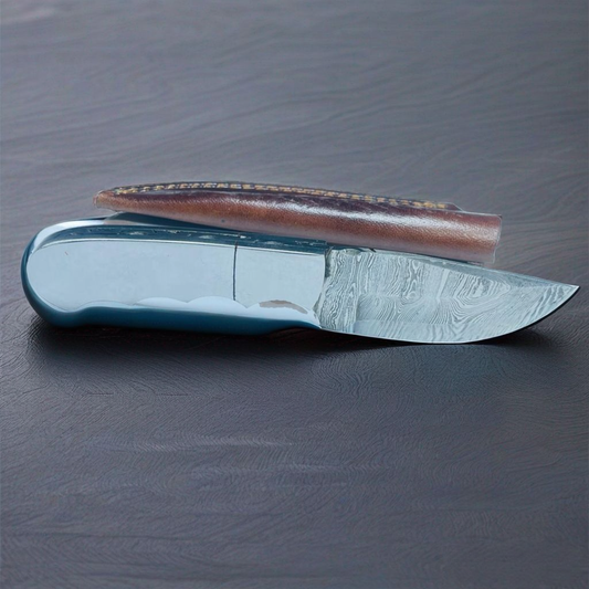 Premium Damascus Steel Skinning Knife with Mirror Finish Resin Handle & Leather Sheath