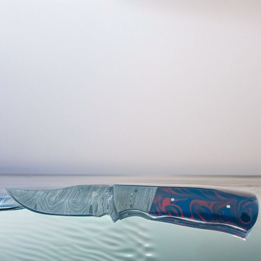 Handcrafted Damascus Steel Knife with Blue and Red Swirled Resin Handle