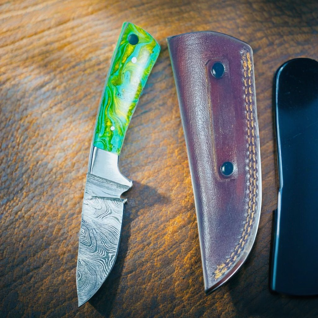 Luminous Swirl Damascus Steel Knife with Enchanting Yellow-Green Resin Handle