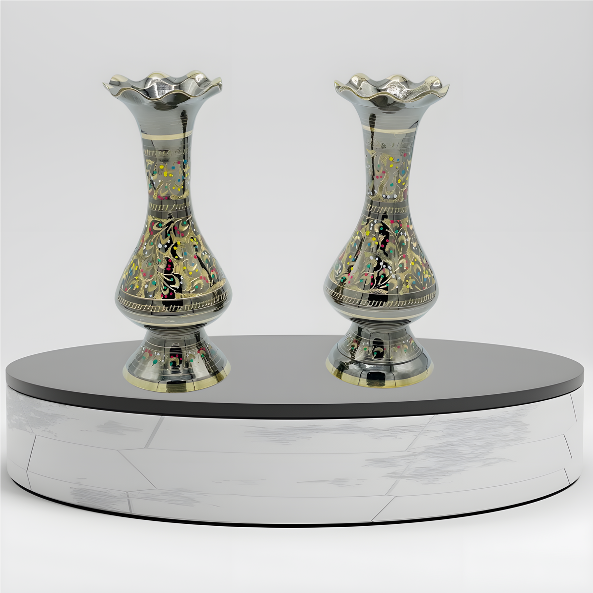 Pair of Colorful Brass Vases - 12 Inch