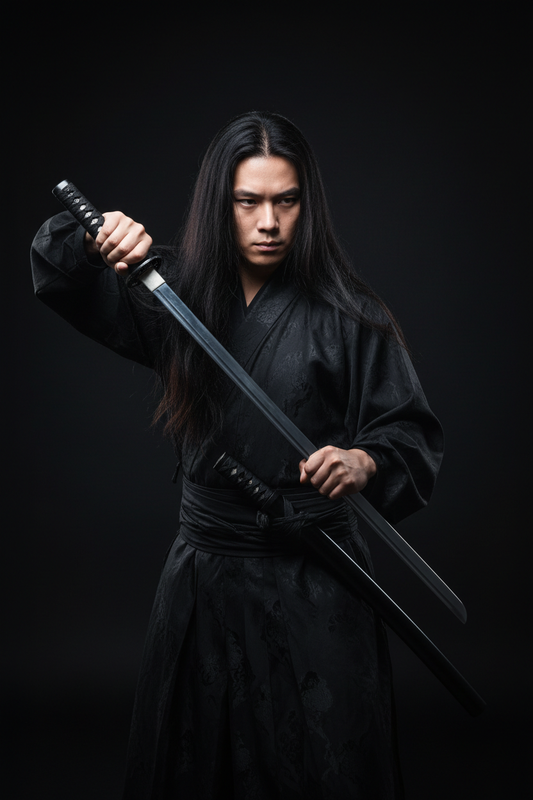 Chinese Warrior Drawing Black Katana from Scabbard