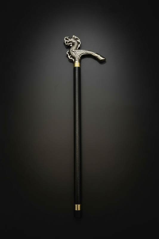 Dragon Head Sword Cane - Hidden Blade Walking Stick | Silver Handle Self Defense Cane