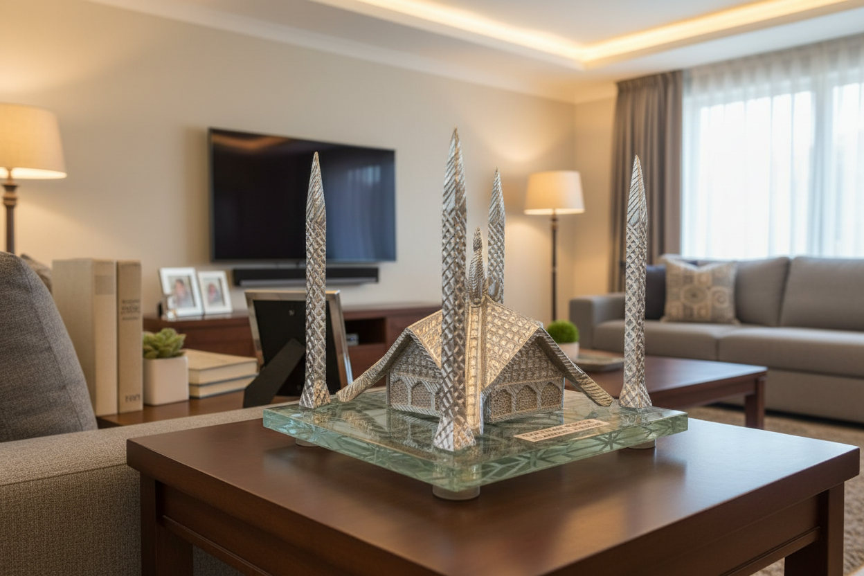 Shah Faisal Mosque Metal Sculpture - Islamic Home Decor | Handcrafted Silver Mosque Replica Art Piece