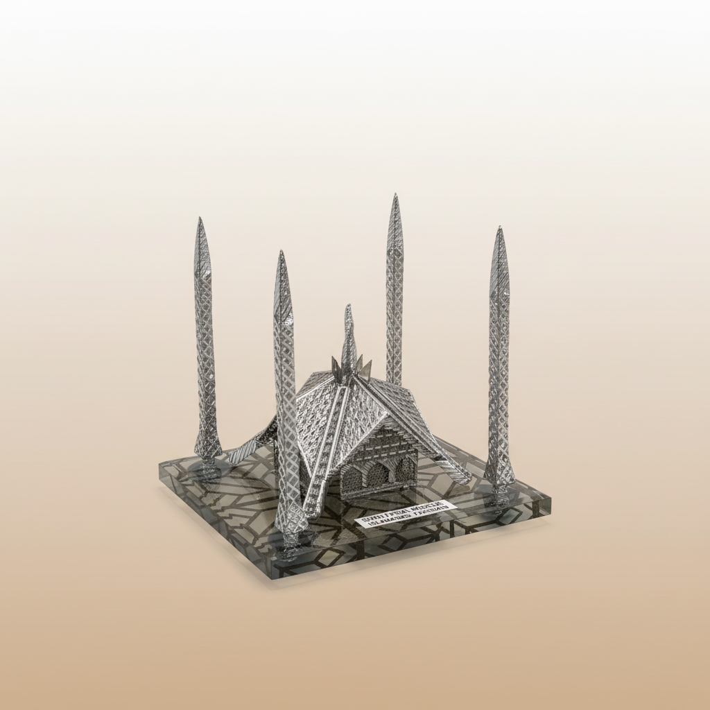 Shah Faisal Mosque Metal Sculpture - Islamic Home Decor | Handcrafted Silver Mosque Replica Art Piece