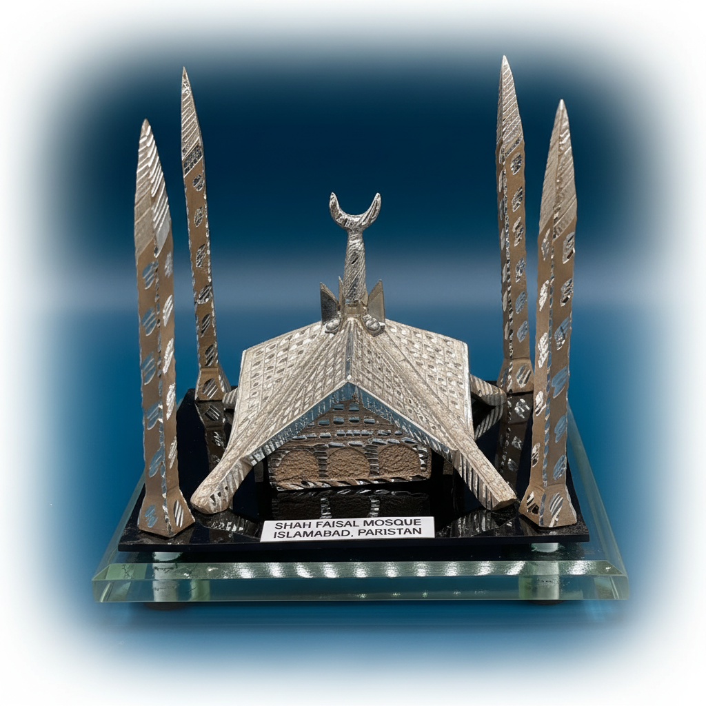 Shah Faisal Mosque Metal Sculpture - Islamic Home Decor | Handcrafted Silver Mosque Replica Art Piece