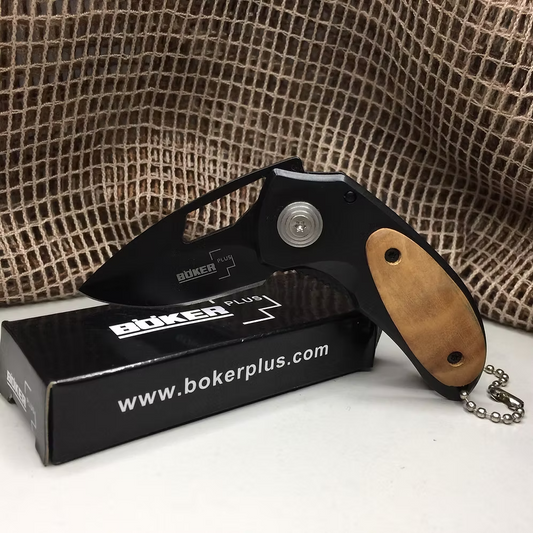 Böker Plus Mini Folding Knife with Black Blade & Tan Wood Handle