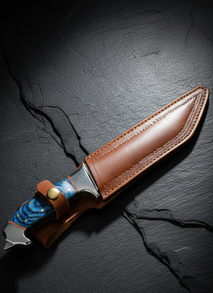 Handcrafted Hunting Knife with Blue Resin Handle and Leather Sheath