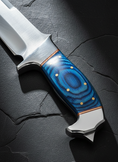Handcrafted Hunting Knife with Blue Resin Handle and Leather Sheath
