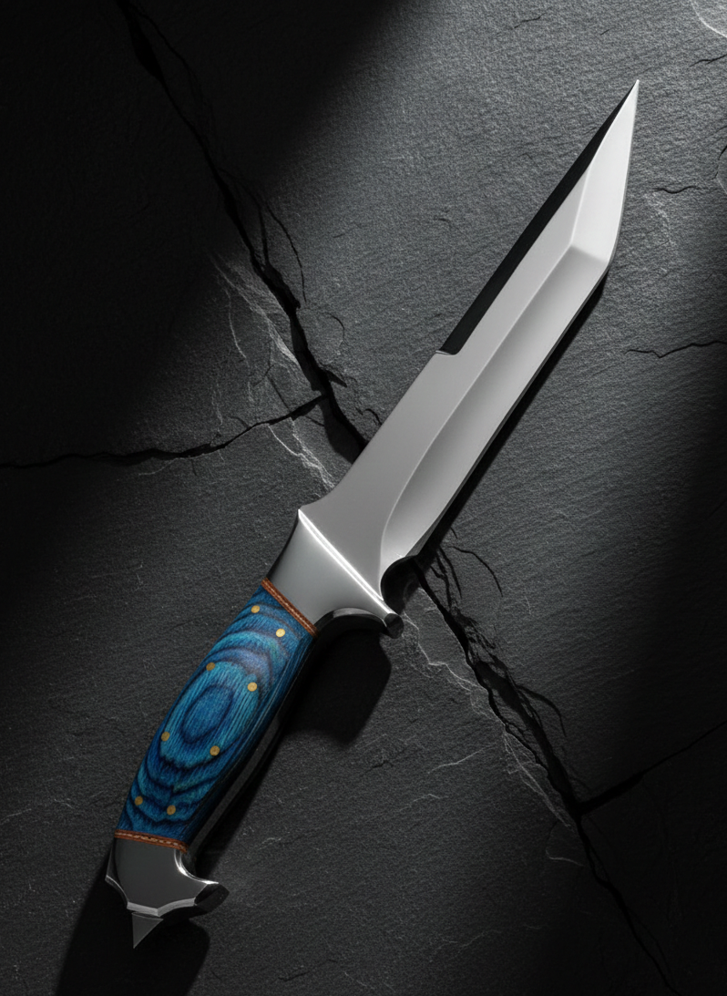 Handcrafted Hunting Knife with Blue Resin Handle and Leather Sheath