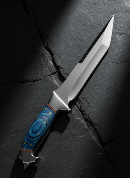 Handcrafted Hunting Knife with Blue Resin Handle and Leather Sheath