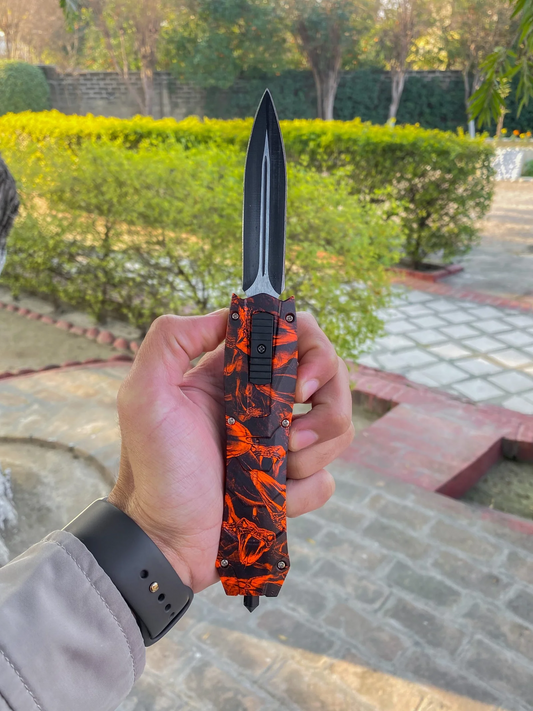 OTF Automatic Dagger with Black Double-Edge Blade & Fire Camo Handle