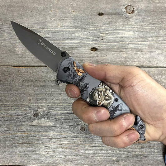Browning Wildlife Folding Knife with Wolf & Bear Art Handle