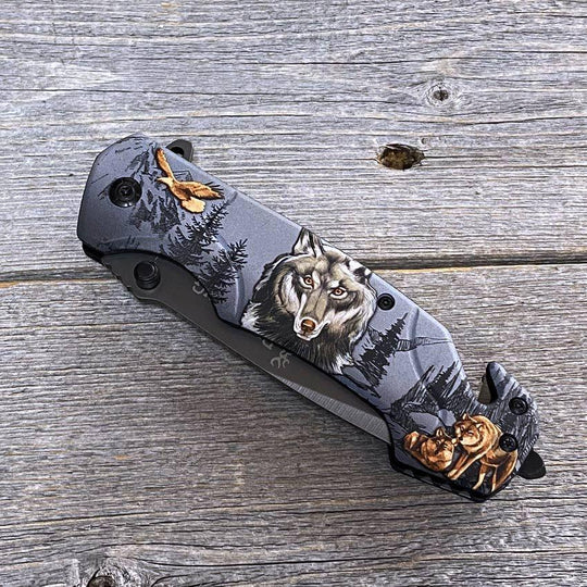 Browning Wildlife Folding Knife with Wolf & Bear Art Handle