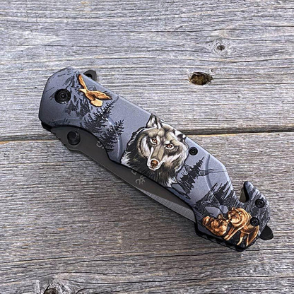 Browning Wildlife Folding Knife with Wolf & Bear Art Handle