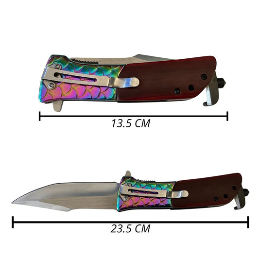 Rainbow Dragon Scale Folding Knife with Rosewood Handle – 23.5cm Open