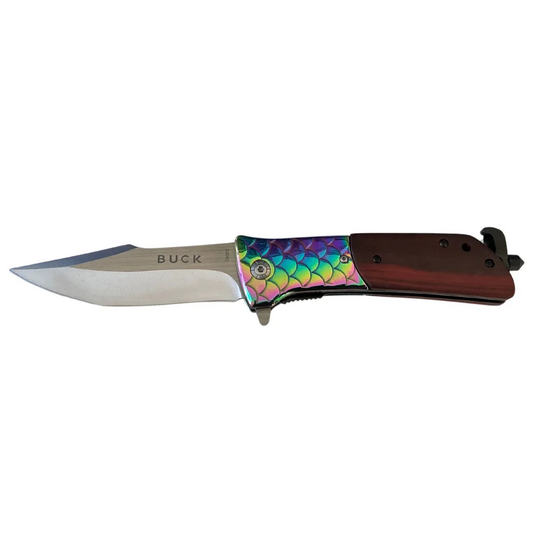 Rainbow Dragon Scale Folding Knife with Rosewood Handle – 23.5cm Open