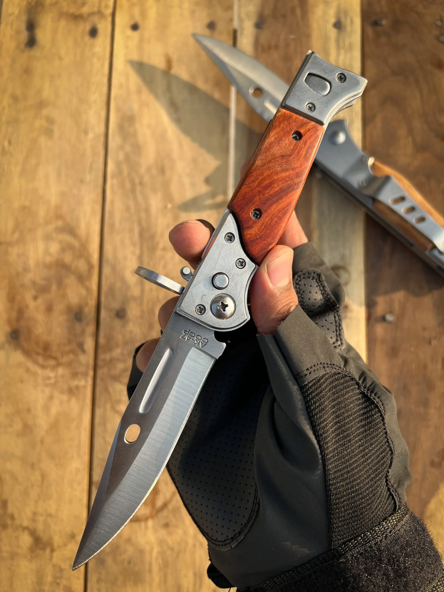 AK-47 CCCP Stiletto Switchblade Folding Knife with Rosewood Handle