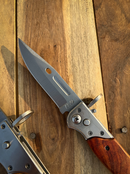AK-47 CCCP Stiletto Switchblade Folding Knife with Rosewood Handle