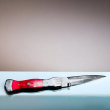 Load image into Gallery viewer, Artisan Folding Knife with Damascus Blade and Vibrant Red Handle
