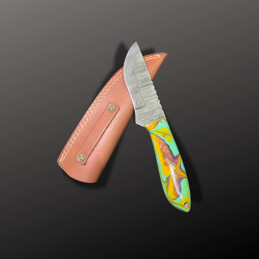 Handmade Damascus Steel Hunting Knife with Leather Sheath