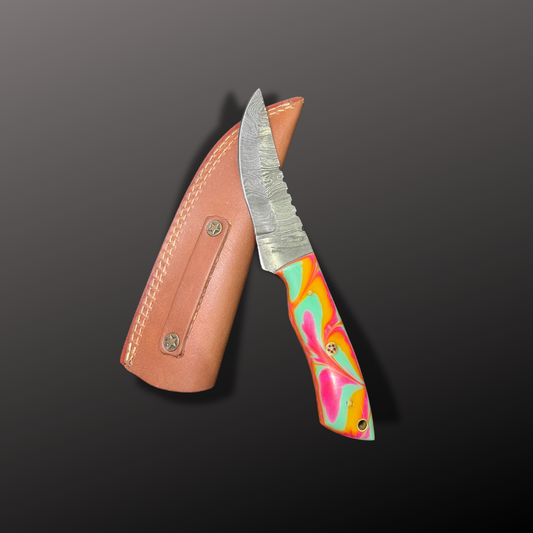 Handmade Damascus Steel Hunting Knife with Leather Sheath