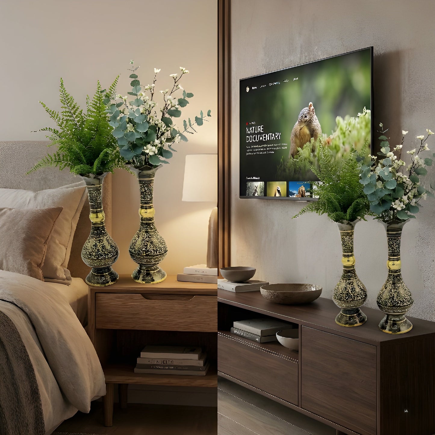 Elegant Brass Vases with Intricate Design"