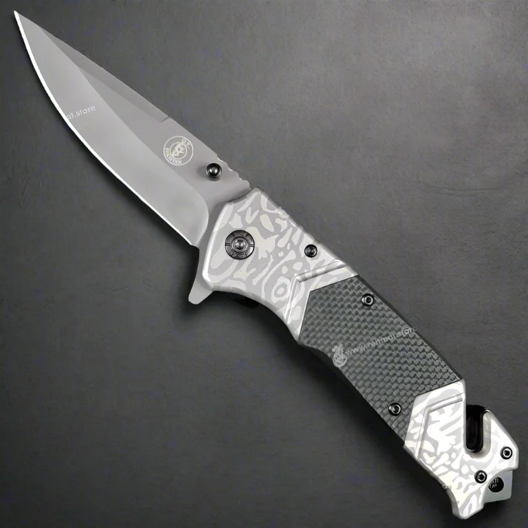 Tactical Rescue Folding Knife with Camo Aluminum Handle & Carbon Fiber Inlay
