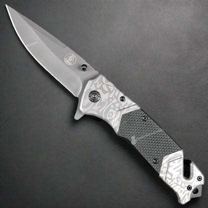 Tactical Rescue Folding Knife with Camo Aluminum Handle & Carbon Fiber Inlay
