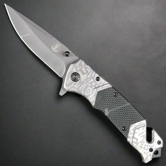 Tactical Rescue Folding Knife with Camo Aluminum Handle & Carbon Fiber Inlay