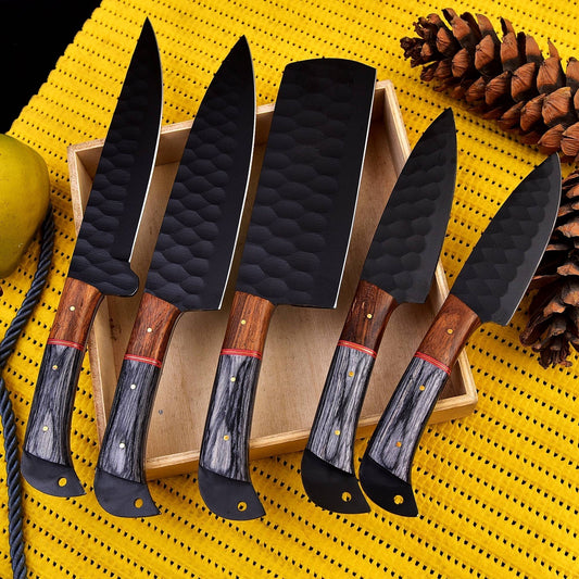 5-Piece Hand-Forged Carbon Steel Chef Knife Set with Black Powder-Coated Blades – Premium Kitchen Collection