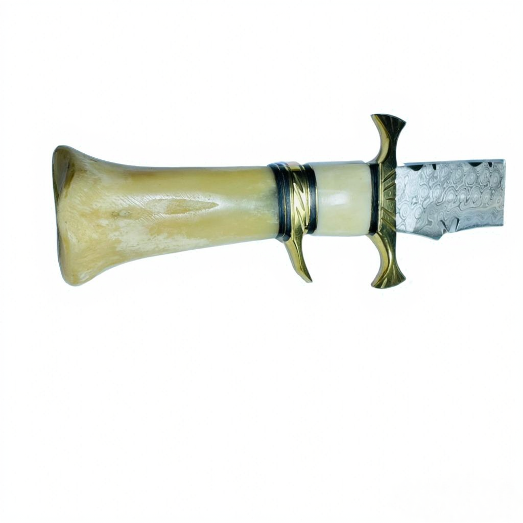Handmade Damascus Steel Camel Bone Bowie Knife – Hunting Knife with Leather Sheath