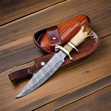 Load image into Gallery viewer, Handmade Damascus Steel Camel Bone Bowie Knife – Hunting Knife with Leather Sheath
