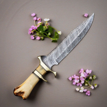 Load image into Gallery viewer, Handmade Damascus Steel Camel Bone Bowie Knife – Hunting Knife with Leather Sheath
