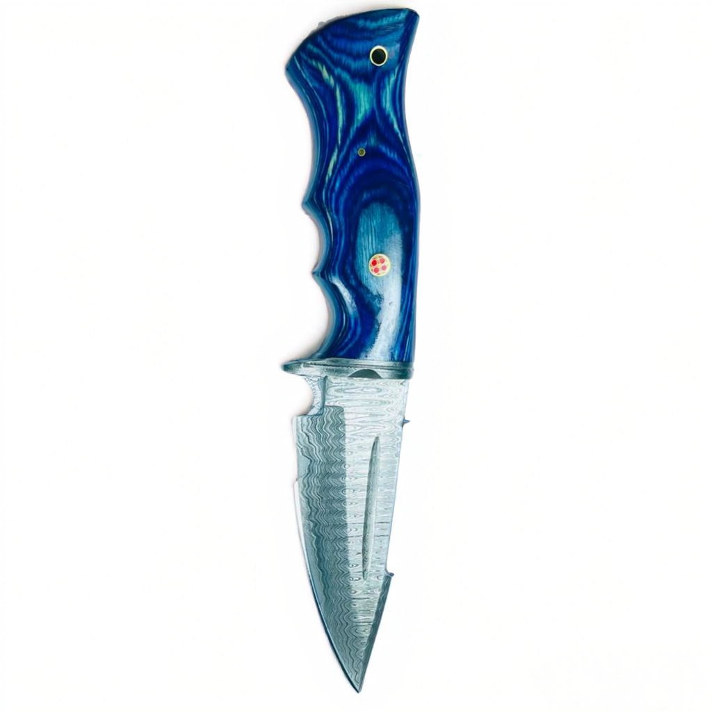 Premium Damascus Steel Fixed Blade Knife – Blue Pakkawood Handle with Lanyard Hole