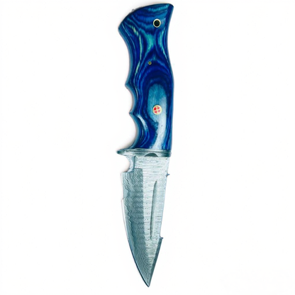 Premium Damascus Steel Fixed Blade Knife – Blue Pakkawood Handle with Lanyard Hole
