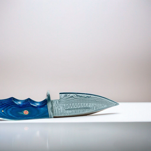 Premium Damascus Steel Fixed Blade Knife – Blue Pakkawood Handle with Lanyard Hole