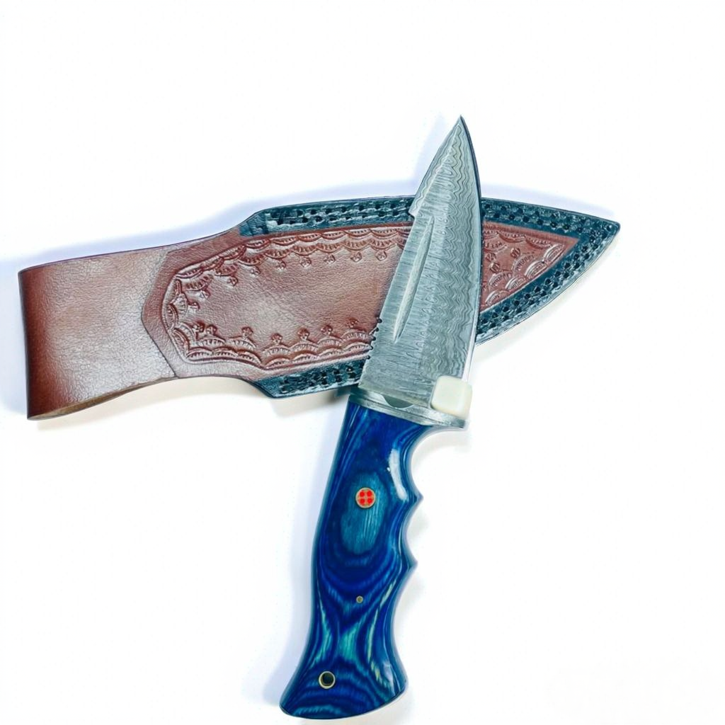 Premium Damascus Steel Fixed Blade Knife – Blue Pakkawood Handle with Lanyard Hole