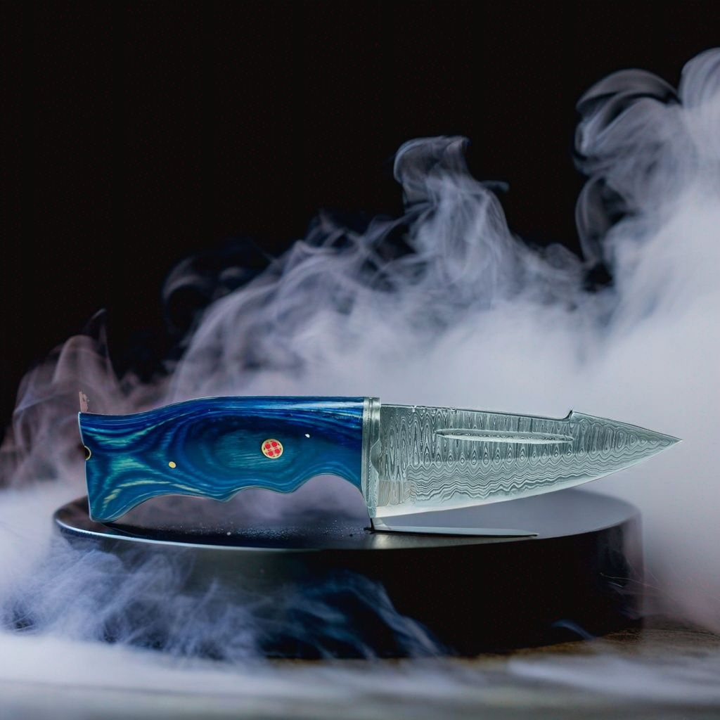 Premium Damascus Steel Fixed Blade Knife – Blue Pakkawood Handle with Lanyard Hole