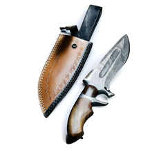 Load image into Gallery viewer, CUSTOM HANDMADE DAMASCUS STEEL HUNTING 12IN BOWIE KNIFE &amp; LEATHER SHEATH
