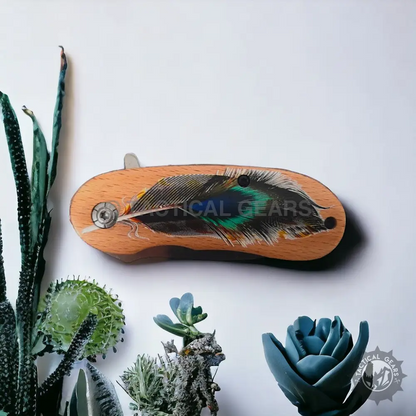 Jeep Folding Knife with Peacock Feather Wood Handle