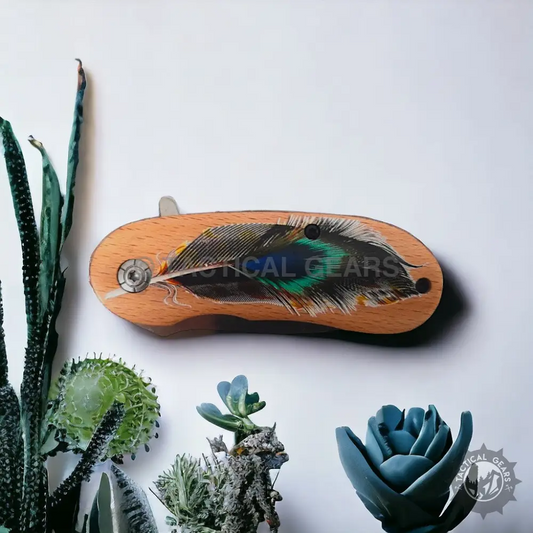 Jeep Folding Knife with Peacock Feather Wood Handle