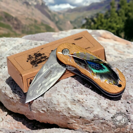 Jeep Folding Knife with Peacock Feather Wood Handle