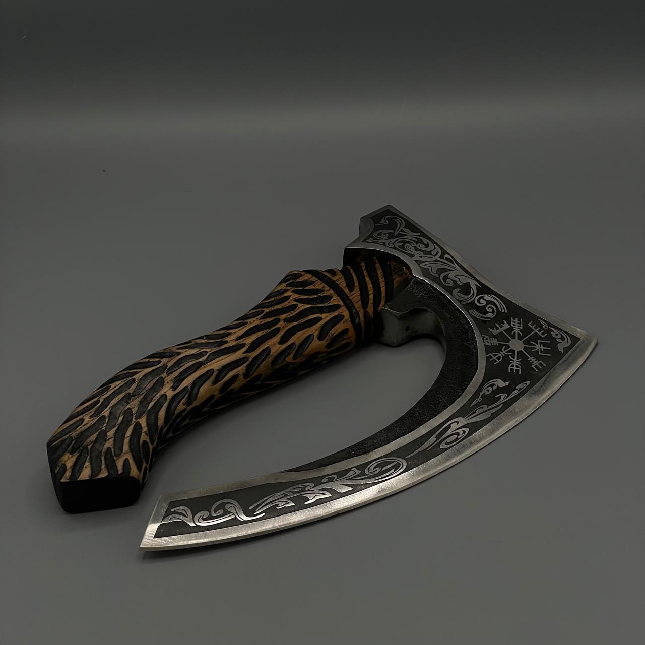 Viking Style Decorative Axe with Tiger Stripe Handle and Intricate Engravings